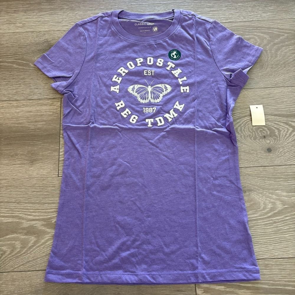 NWT Aeropostale Womens Purple Classic Crew Butterfly Graphic T-Shirt Size L